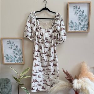 Chic White and Brown Western Patterned Midi Dress